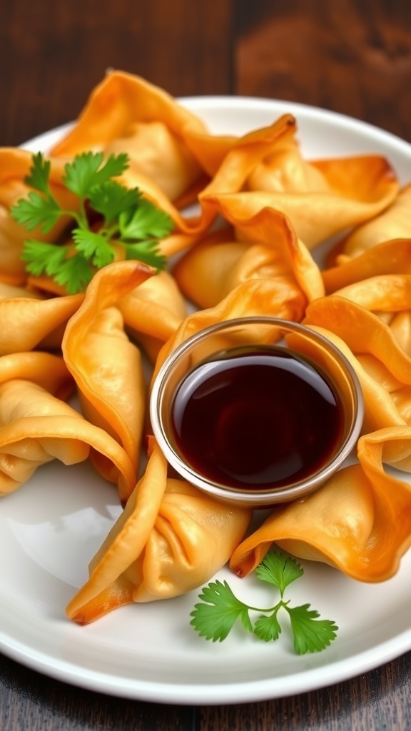 Crispy shrimp wontons on a plate with soy sauce, garnished with cilantro.